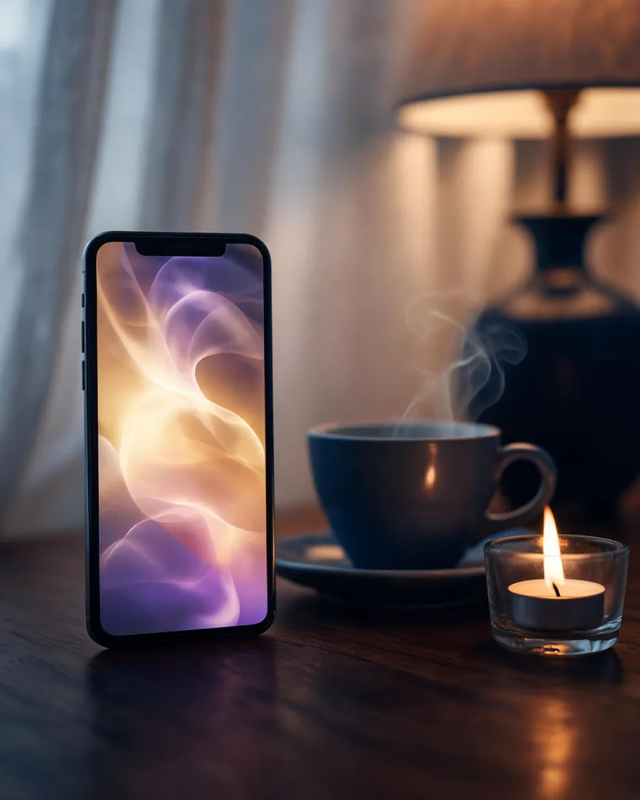 A smartphone propped on a table with a glowing video-call screen beside a cup of tea and a candle