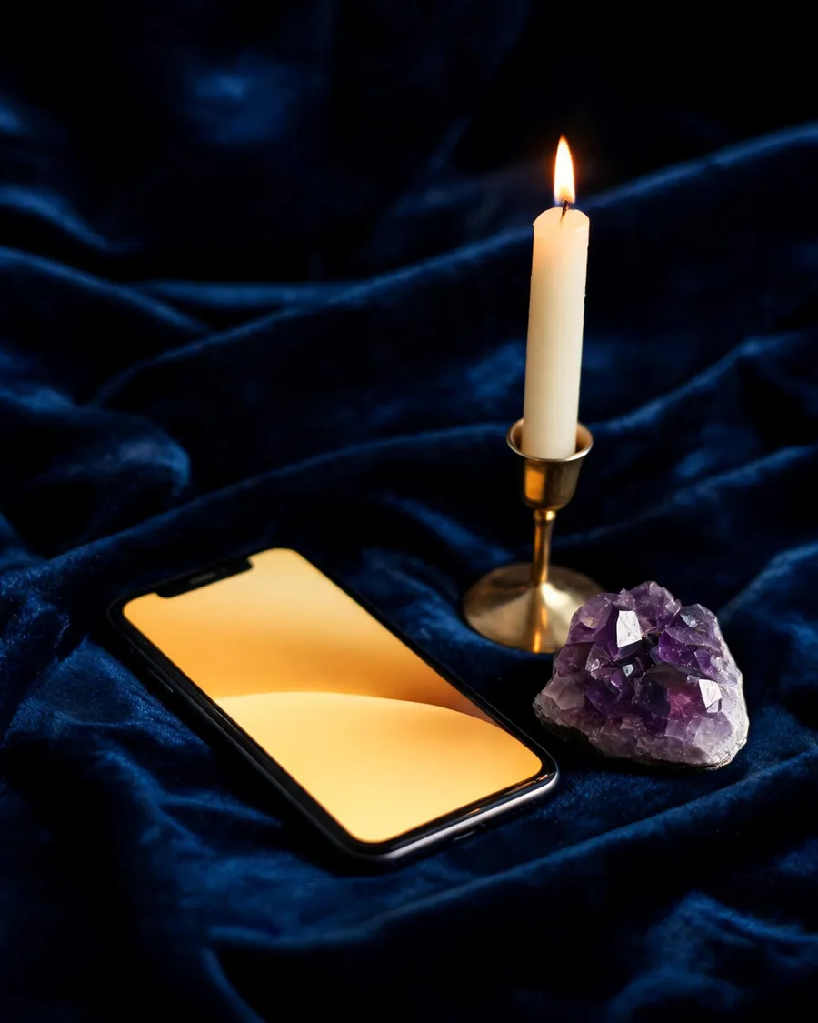 A smartphone glowing softly on navy velvet beside a lit candle and an amethyst crystal