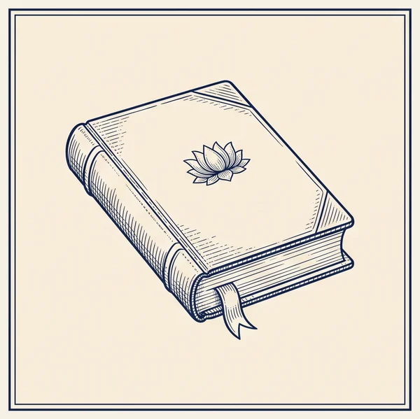 Engraving of an antique leather-bound book with a lotus on its cover