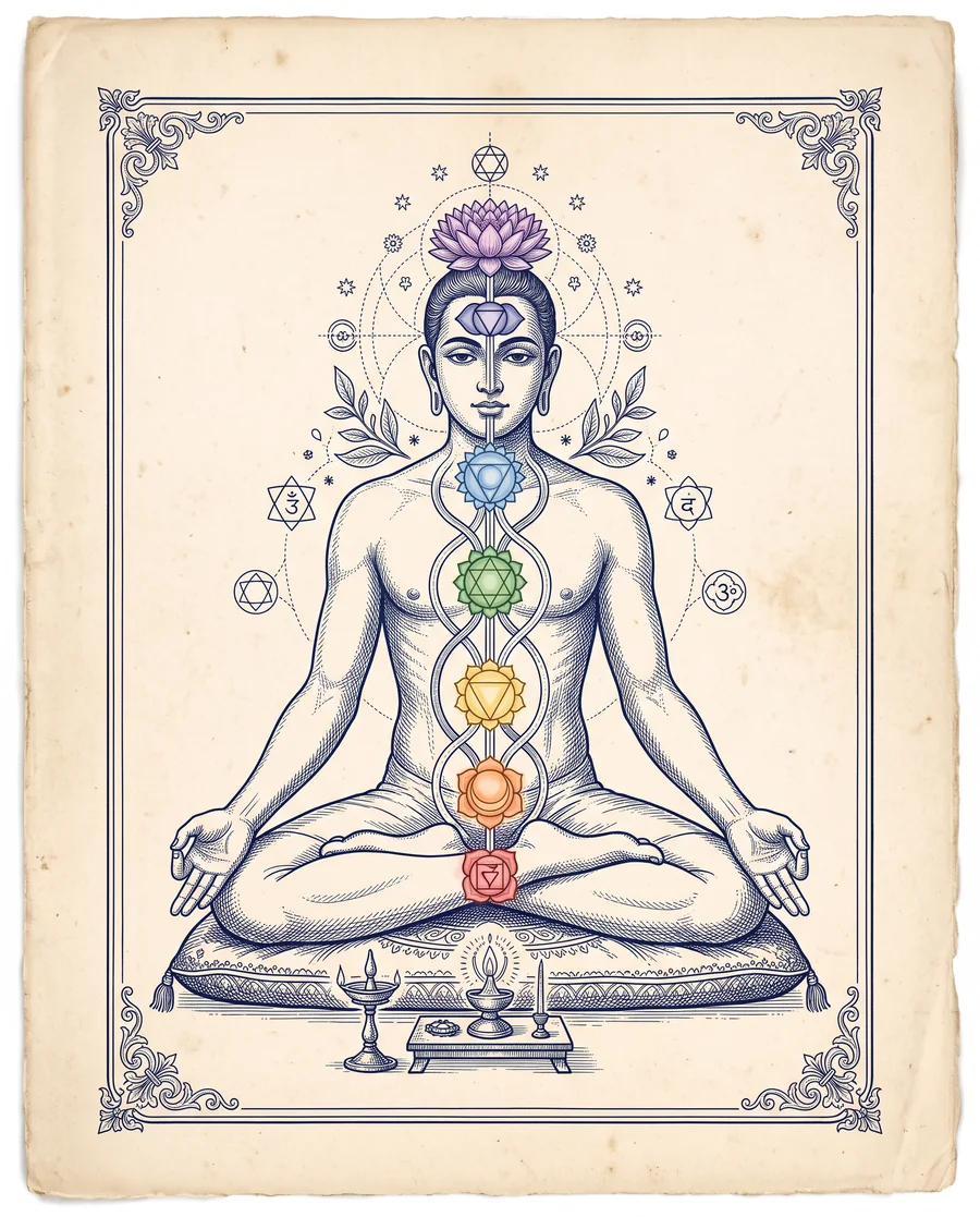 Antique-style engraving of a seated yogi with seven colored lotuses along the spine