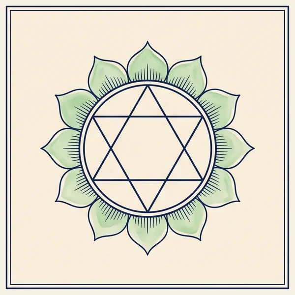 Engraving of a twelve-petaled lotus surrounding a six-pointed star, tinted green