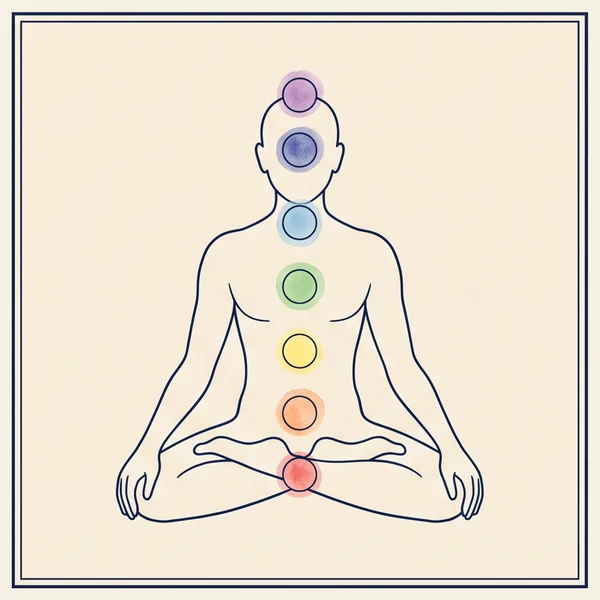 Line drawing of a meditating figure with seven rainbow-colored points along the spine