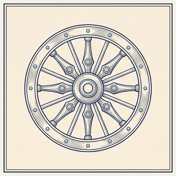 Engraving of an ancient spoked chariot wheel