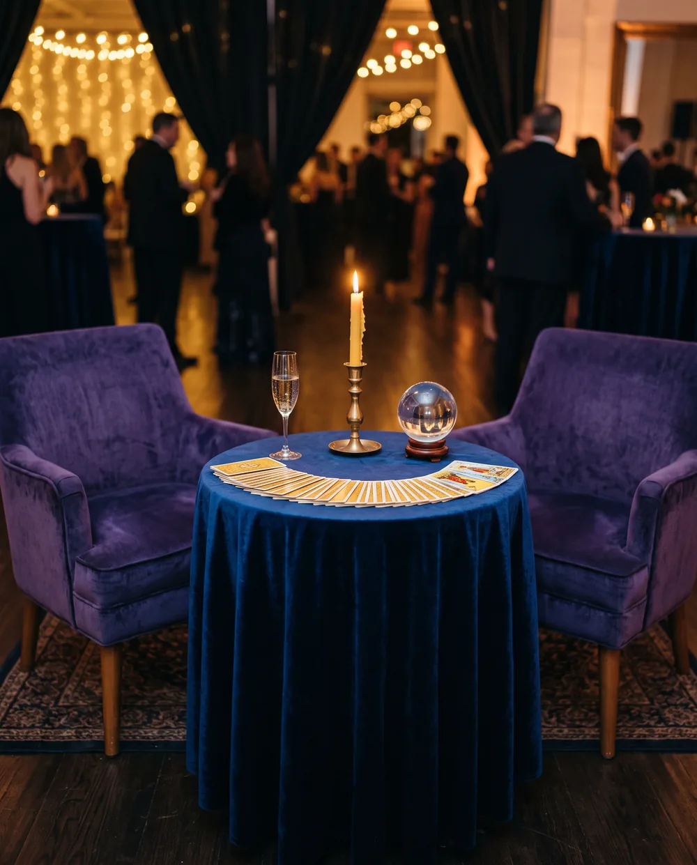 A candle-lit reading corner at an evening event, with a velvet-draped table holding tarot cards and a crystal ball between two empty violet armchairs