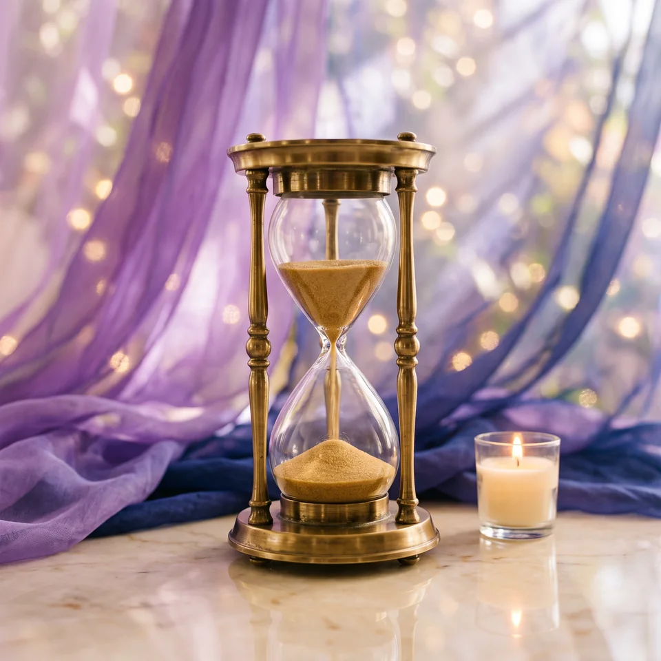 An antique brass hourglass with golden sand before lavender and indigo drapes, symbolizing decades of experience at Psychic Ames