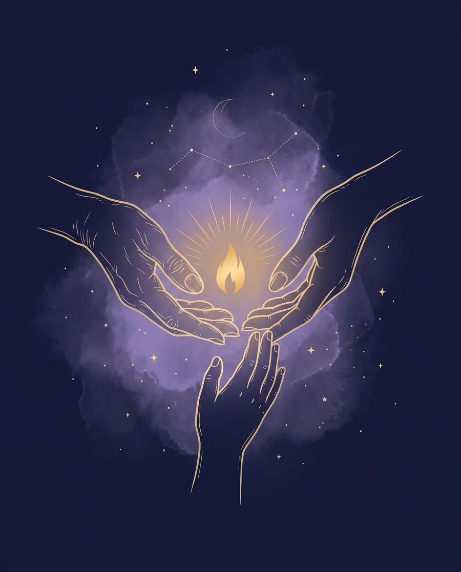 Gold line illustration of a grandmother’s, a mother’s and a young girl’s hands together cradling a single glowing flame