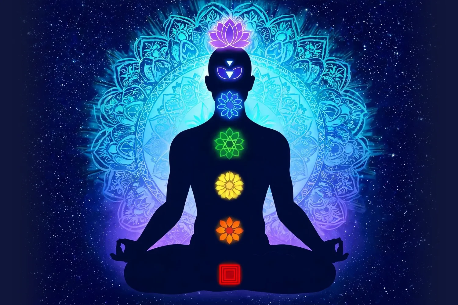 Illustration of a seated figure showing where the seven chakras sit along the spine