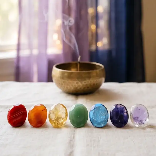 Seven polished chakra gemstones in a row on cream linen, in chakra order from red to orange, yellow, green, blue, indigo and violet, in front of a brass singing bowl with incense