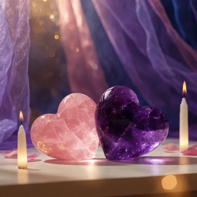 Two polished crystal hearts, rose quartz and amethyst, side by side with candles and rose petals before sheer lavender drapes