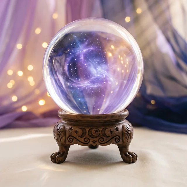 A large glowing crystal ball with violet and blue starlight inside, on a carved wooden stand before sheer lavender and indigo drapes with golden bokeh