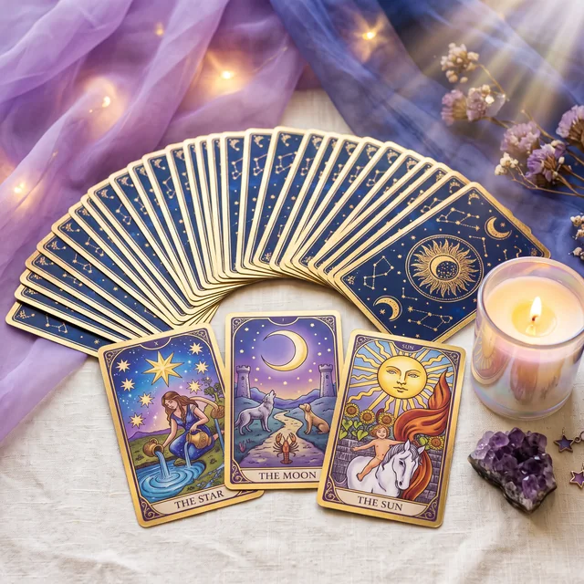 A fan of navy and gold tarot cards with The Star, The Moon and The Sun face up beside a candle and amethyst