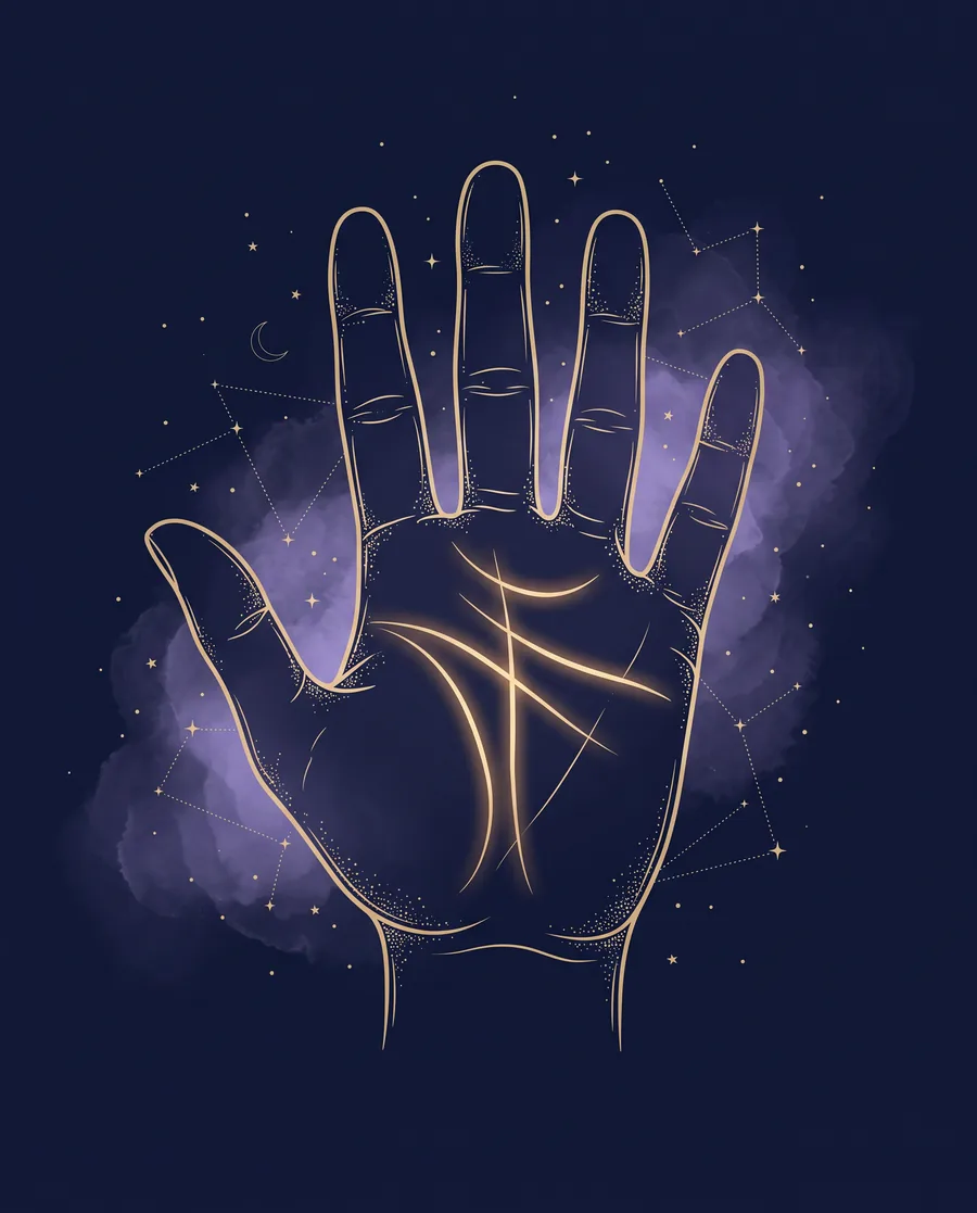 Gold line illustration of an open palm showing the heart, head, life and fate lines against a starry navy sky