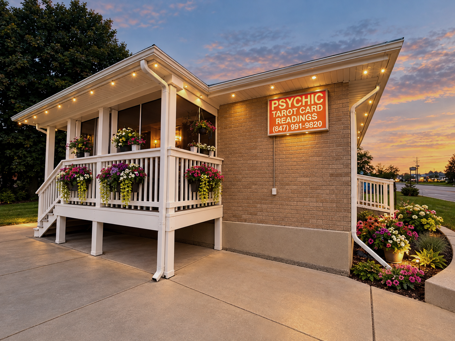 The Psychic Ames office at 5385 Grand Avenue in Gurnee, IL — a covered porch with hanging flowers and the lit Psychic Tarot Card Readings sign
