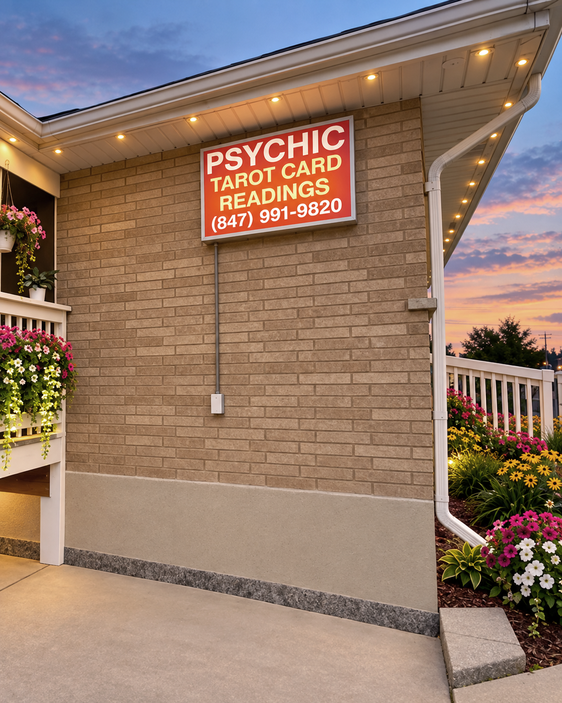 The lit Psychic Tarot Card Readings sign outside Psychic Ames