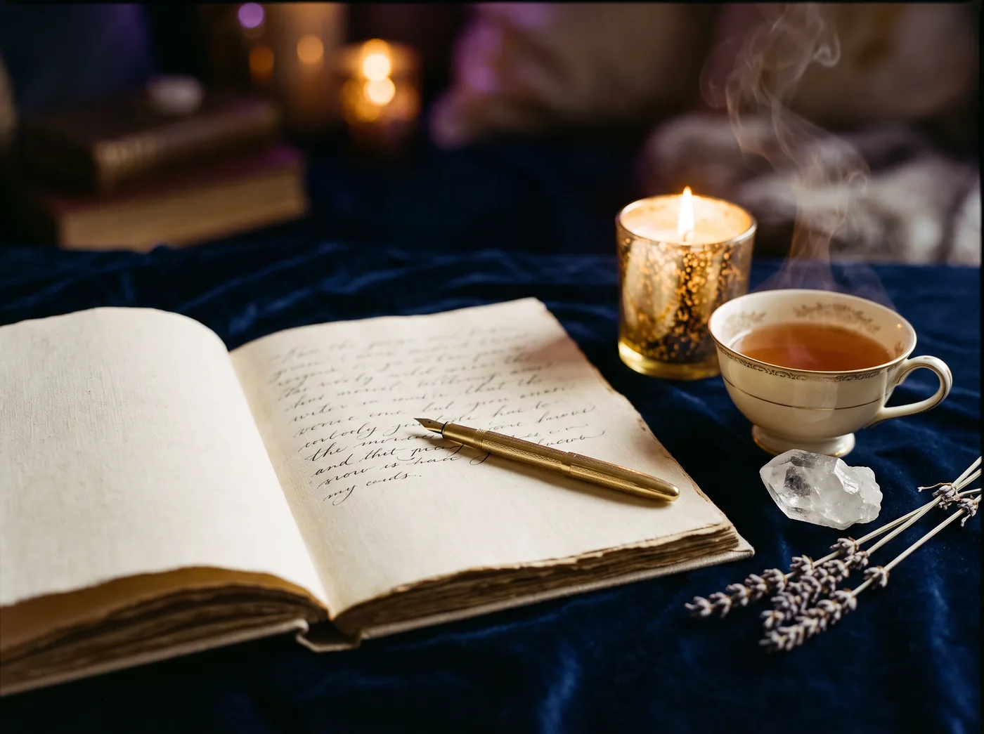 A journal, gold pen, tea and candle — preparing questions for a reading