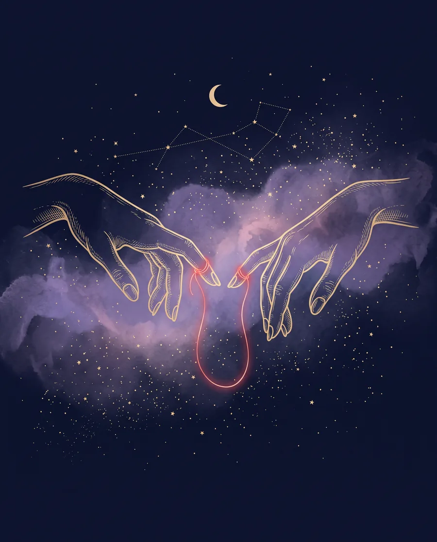 Gold line illustration of two hands joined at the little finger by a glowing red thread, beneath a crescent moon and stars