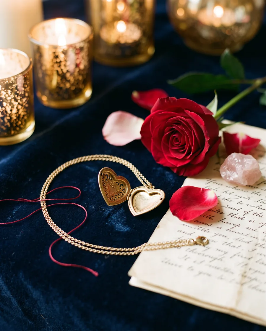 An open gold heart locket with a red rose, rose quartz and a vintage love letter on navy velvet by candlelight